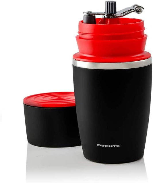 OVENTE Manual Coffee Grinder & Maker, Portable Hand Coffee Bean Mill with Ceramic Burr, Foldable Stainless Steel Grinding Handle & Filter Dripper, Outdoor Tumbler for Traveling or Camping, Red CMB281R