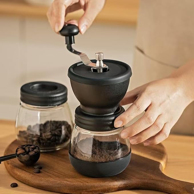 Manual Coffee Grinder, Hand-cranked Coffee Machine with Glass Body, Black