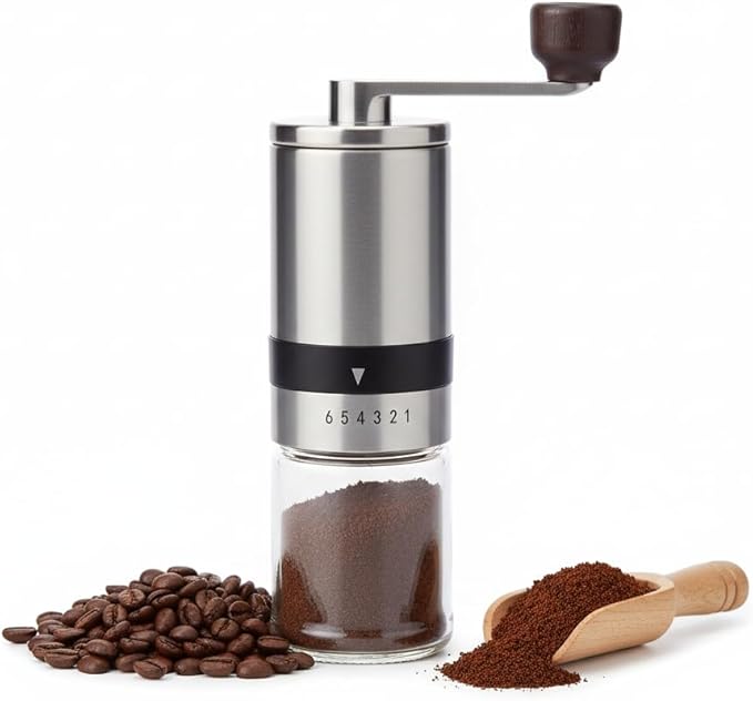 Manual Coffee Grinder – Professional Stainless Steel Burr Mill with 6 Adjustable Settings – Portable Hand Crank Grinder for Espresso to French Press – Glass Grounds Container & Ergonomic Wooden Handle