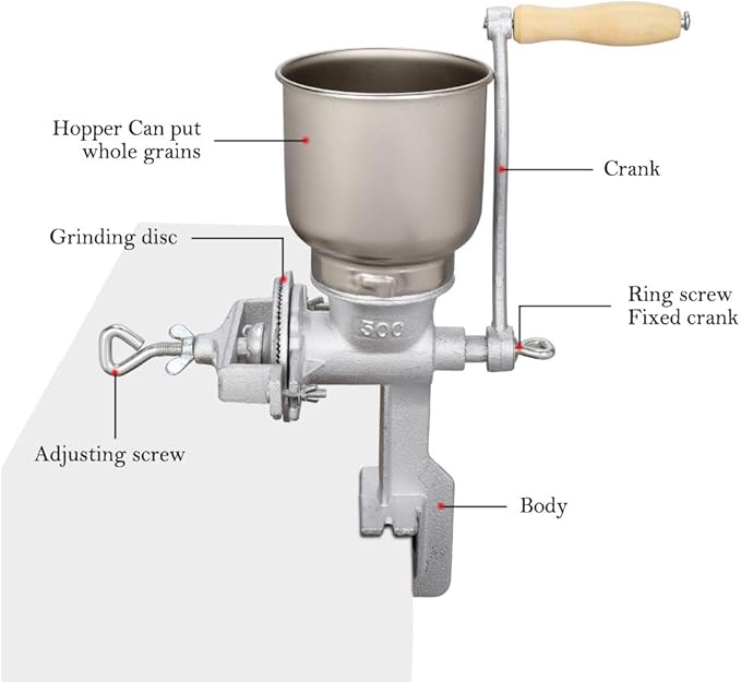 Hand Crank Grain Mill, Hand Crank Manual Grain Grinder Portable Table Clamp Maker Corn Mill for Wheat Grains coffee Nut Mill Tall Home Kitchen Commercial Use,Silver