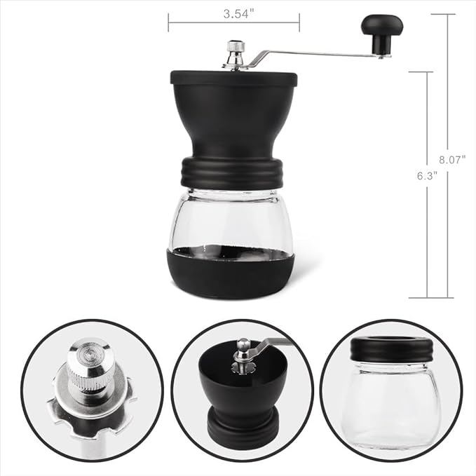 Manual Coffee Grinder with Ceramic Burr and Glass Container for Espresso Beans