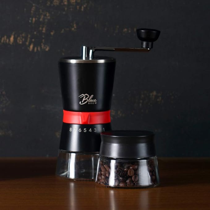 Blue Brew Coffee Grinder Manual, Hand Coffee Grinder w/Ceramic Burr & 15 Adjustable Coarseness, 2 Airtight Glass Jar with Lid, Portable Conical Burr Coffee Grinder for Camping, Home&Traveling (BB1007)
