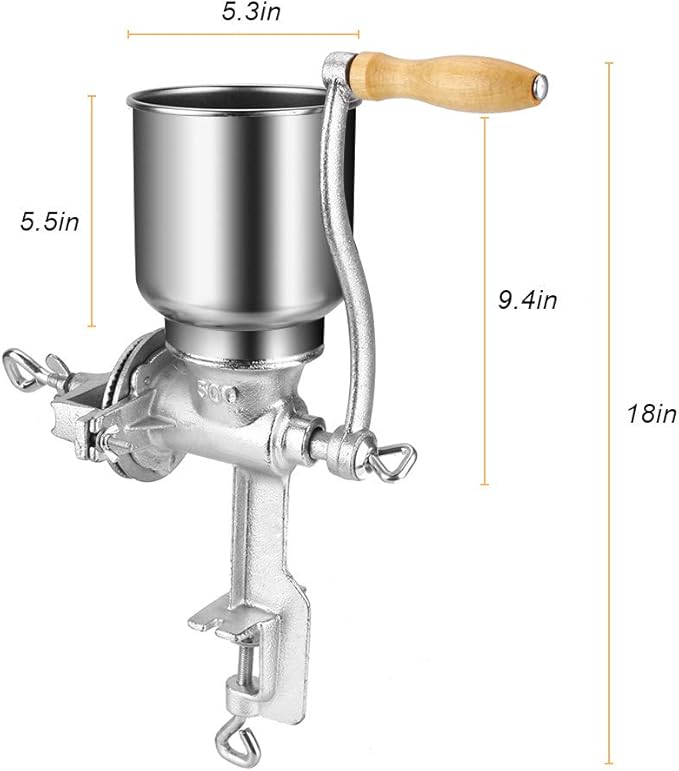 Manual Grain Grinder Hand Crank Grain Mill Table Clamp Corn Grinder Mill Cast Iron Coffee Seed Spice Beans Crusher with Large and Wooden Handle for Home Kitchen