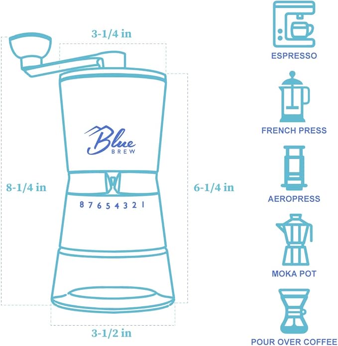 Blue Brew Coffee Grinder Manual, Hand Coffee Grinder w/Ceramic Burr & 15 Adjustable Coarseness, 2 Airtight Glass Jar with Lid, Portable Conical Burr Coffee Grinder for Camping, Home&Traveling (BB1007)