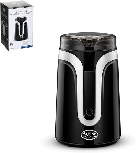 Alpine Cuisine Electric Coffee Bean Grinder with Stainless Steel Sharp Blades & ETL Approval | Makes up to 15 Cups – Black, Plastic Grinder for Kitchen Beans, Spices | One Touch Push-Button Control