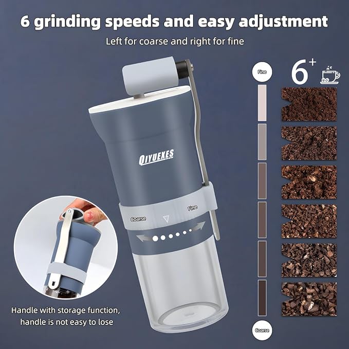 Portable Manual Coffee Grinder with Conical Burr and Adjustable 6 Coarseness Settings, Hand Crank Bean Mill for Camping, Hiking and Travel Use