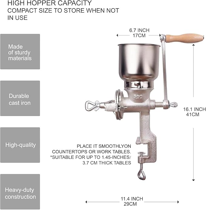 High Hopper Manual Coffee Grinder, Hand Crank Mill for Grains, Corn, Wheat & Spices - Adjustable Coarseness Settings, Cast Iron Construction, Large Capacity, Easy to Clean