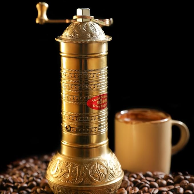 Sozen 7.6" Hammered Manual Coffee Grinder Brass – Hand Crank Burr Mill for Turkish Coffee, French Press, Espresso, Camping & Home Use – Portable Coffee Bean Grinder, Adjustable Conical Grinder