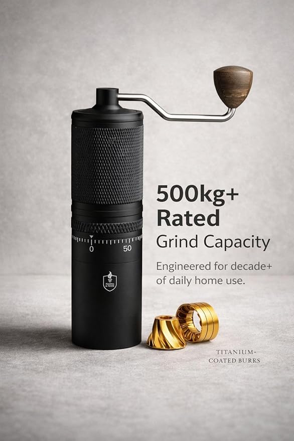 FIAMMA & FERRO Professional Manual Coffee Grinder - Titanium Enhanced 38mm Conical Burrs, 60 Precision Settings, Stainless Steel Construction - 500kg+ Grind life