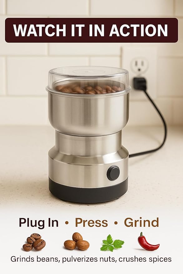 Electric Coffee Grinder 150W for Coffee Beans, Nuts & Spices – Stainless Steel Bowl, Metal Blades, UL Approved, 110V One-Touch Control