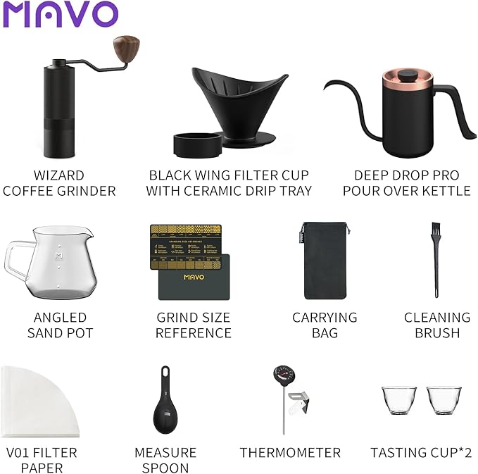 MAVO Pour Over Coffee Maker Set, 12 in 1 Set Box, Manual Coffee Grinder, Pour Over Kettle, Glass Servers, Coffee Cup, Ceramic Pour Over Coffee Dripper with Tray, Paper Filter, Black