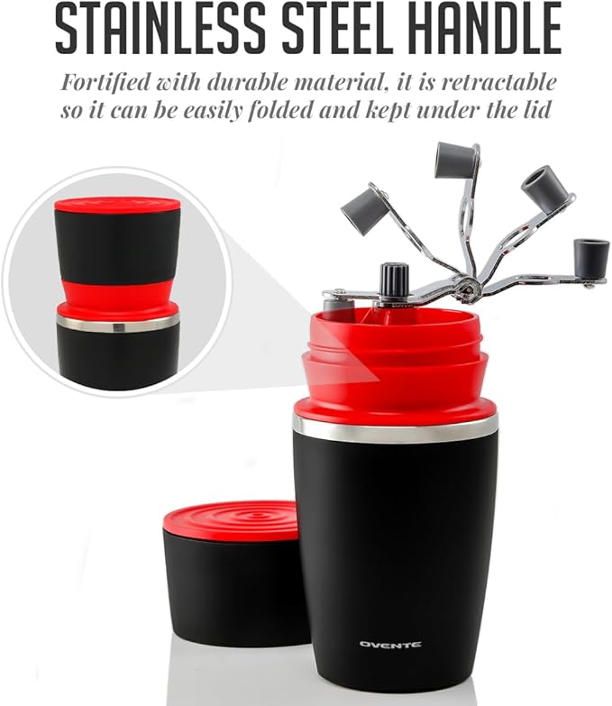 OVENTE Manual Coffee Grinder & Maker, Portable Hand Coffee Bean Mill with Ceramic Burr, Foldable Stainless Steel Grinding Handle & Filter Dripper, Outdoor Tumbler for Traveling or Camping, Red CMB281R
