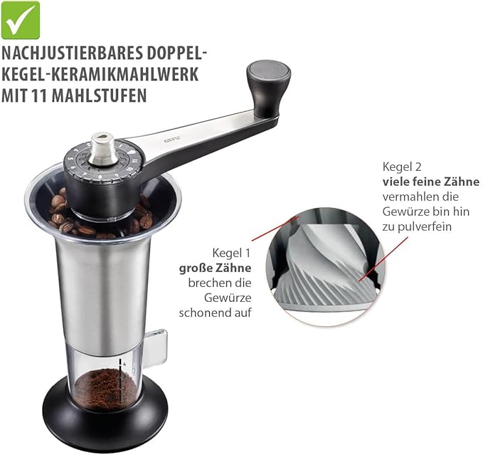GEFU Handheld Coffee Grinder with Adjustable Ceramic Grinding Gear