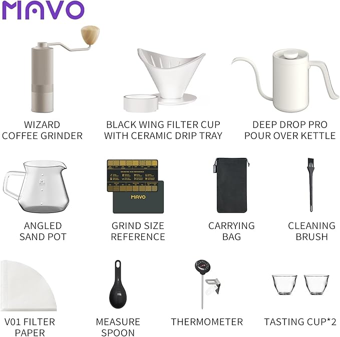 Pour Over Coffee Maker Set, 12 in 1 Set Box, Manual Coffee Grinder, Ceramic Pour Over Coffee Dripper with Tray, Pour Over Kettle, Glass Servers, Paper Filter, Coffee Cup, White