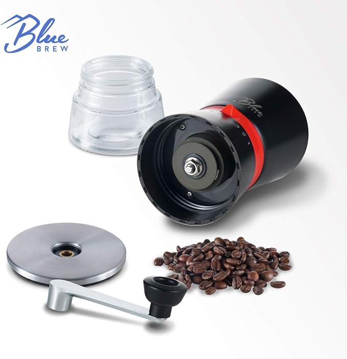 Blue Brew Coffee Grinder Manual, Hand Coffee Grinder w/Ceramic Burr & 15 Adjustable Coarseness, 2 Airtight Glass Jar with Lid, Portable Conical Burr Coffee Grinder for Camping, Home&Traveling (BB1007)