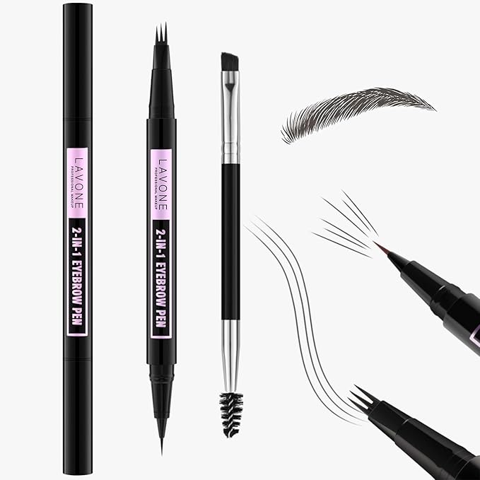 LAVONE Eyebrow Pencil, 2-In-1 Waterproof Eyebrow Pen, with 3 Tip Microblading Eyebrow Pen and Ultra-Precise Brow Pencil, Dual-ended Eyebrow Brush, for Eyebrow Makeup - Dark Grey