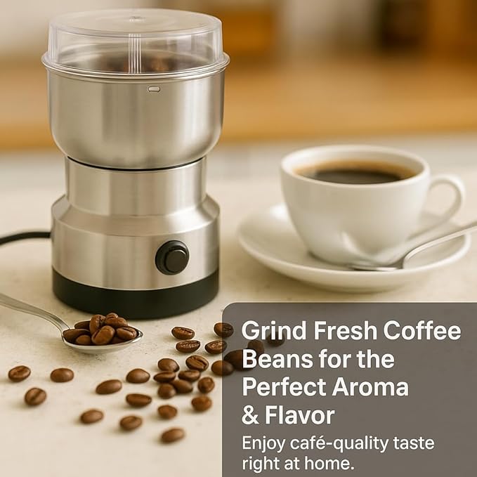 Electric Coffee Grinder 150W for Coffee Beans, Nuts & Spices – Stainless Steel Bowl, Metal Blades, UL Approved, 110V One-Touch Control