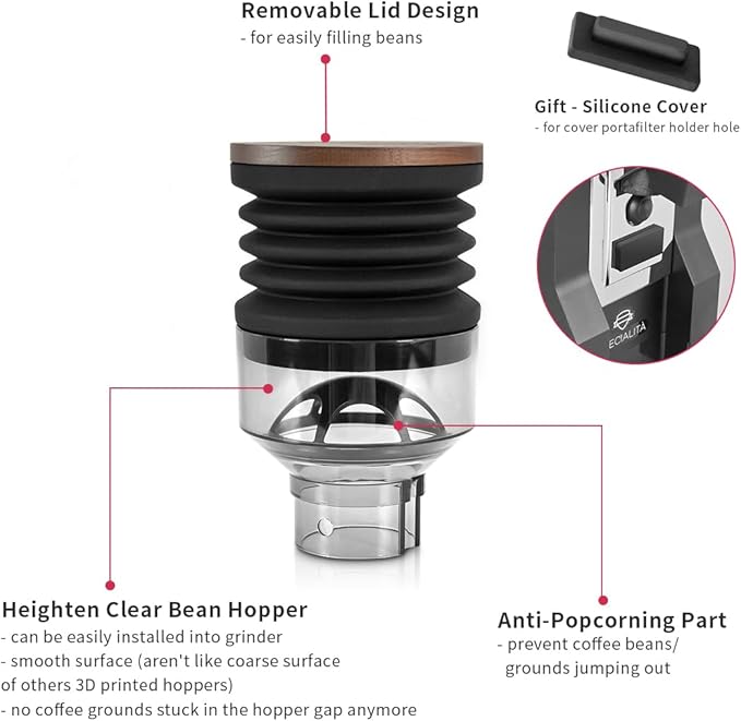 Single Dose Hopper Compatible with Eureka Mignon Espresso Coffee Grinder Silicone Bellow for Blow Out Residual Coffee Grounds (Heighten Hopper)