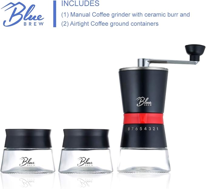 Blue Brew Coffee Grinder Manual, Hand Coffee Grinder w/Ceramic Burr & 15 Adjustable Coarseness, 2 Airtight Glass Jar with Lid, Portable Conical Burr Coffee Grinder for Camping, Home&Traveling (BB1007)