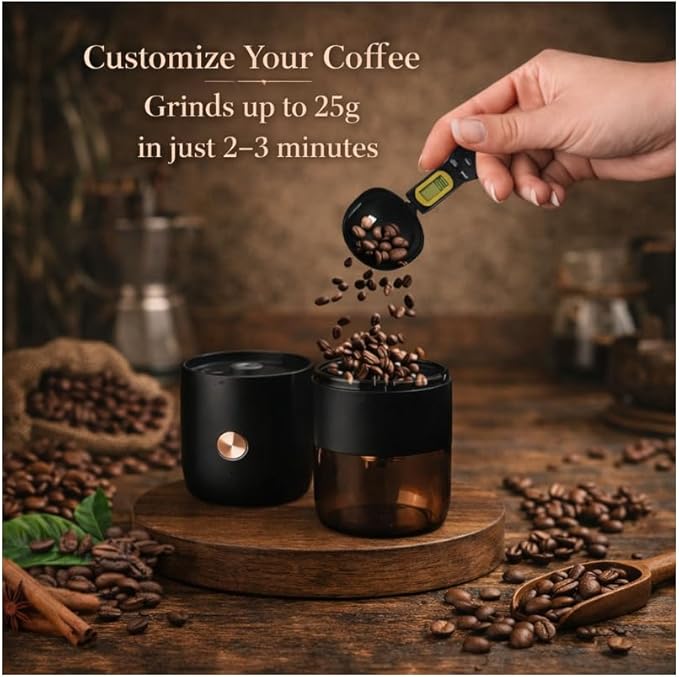 Garsal home. Electric Burr Coffee Grinder with 40 Grind Settings, Stainless Steel Conical Blades, Digital Measuring Spoon, USB-C Rechargeable Battery.