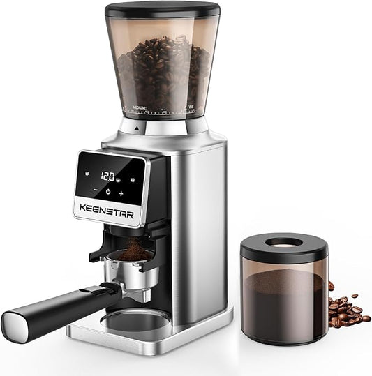 Keenstar Conical Burr Coffee Grinder, Coffee Bean Grinder with 34 Grind Settings for Home Use, Precision Timer, Touchscreen, Anti-static, Stainless Steel