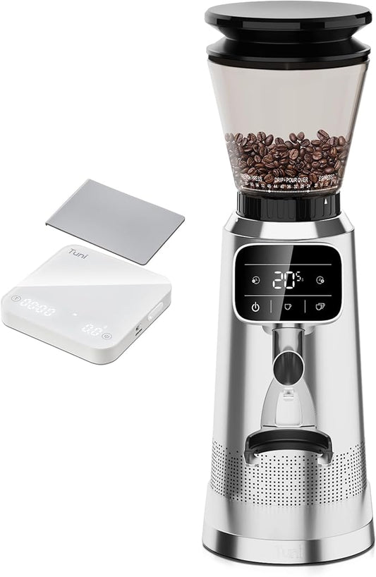 Tuni G2 Silver Conical Burr Coffee Grinder with White Digital Coffee Scale, 70 Grind Settings Anti-static Burr Mill for Espresso/Drip/Cold Brew/French Press