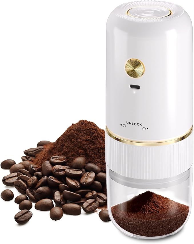 Portable Electric Coffee Grinder ，Automatic Coffee Grinder with USB Type-C wireless charging design，Adjustable Coarse to Fine for coffee beans, grains, cleaning brush + cable Includes (white)