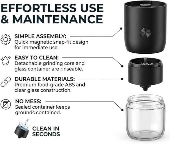 Caldwell Kitchen Portable Electric Coffee Grinder - USB Rechargeable Automatic Ceramic Burr Mill for Travel, Camping & Home - Adjustable Fine to Coarse Settings - Black