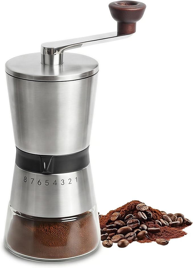 4cups Large Capacity Manual Coffee Grinder with Handle Crank, Conical Ceramic Burr Mill, Adjustable Grind Settings, Glass Jar, Handheld Coffeegrinder for Home Use,Travel, Camping, Quiet and Portable