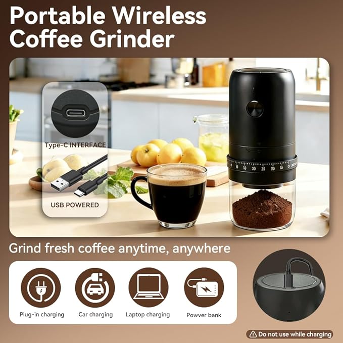 Portable Electric Burr Coffee Grinder with 40 Adjustable Settings & External Adjustment, 1800mAh Rechargeable Base Coffee Bean Grinder with Conical Ceramic Burr for Travel, Camping, Home & Office Use