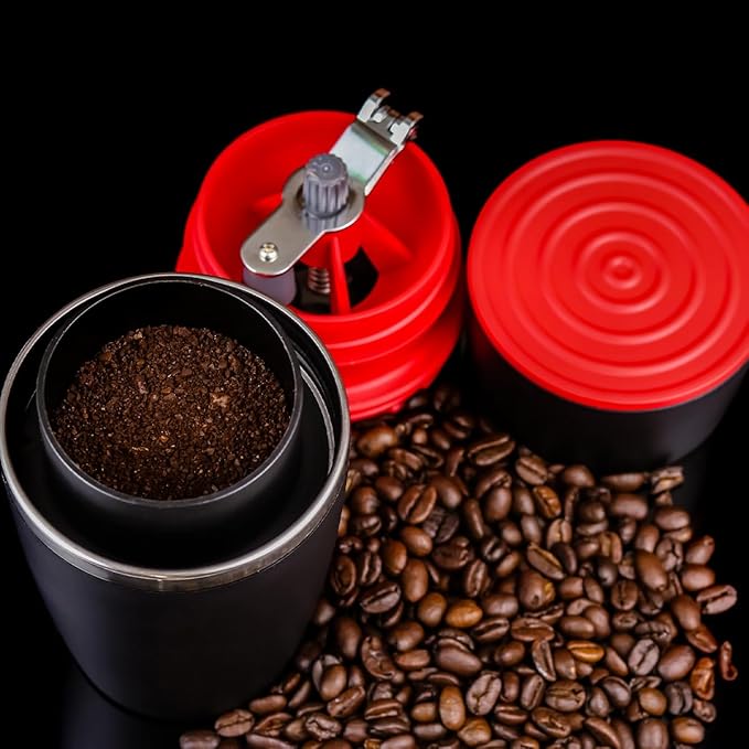 OVENTE Manual Coffee Grinder & Maker, Portable Hand Coffee Bean Mill with Ceramic Burr, Foldable Stainless Steel Grinding Handle & Filter Dripper, Outdoor Tumbler for Traveling or Camping, Red CMB281R