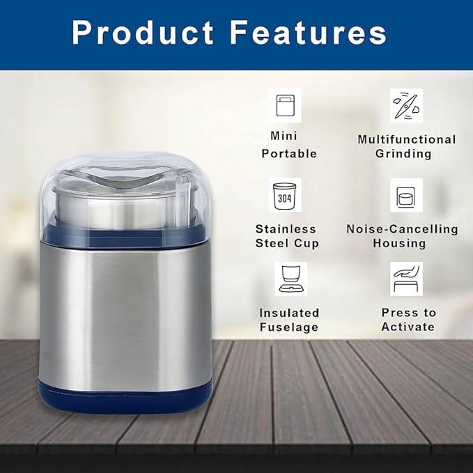 Electric Coffee Grinder DH5001B - 200W Stainless Steel Grinder for Coffee Beans, Spices, Herbs & Dry Grains, Adjustable Fineness with 60s Overload Protection