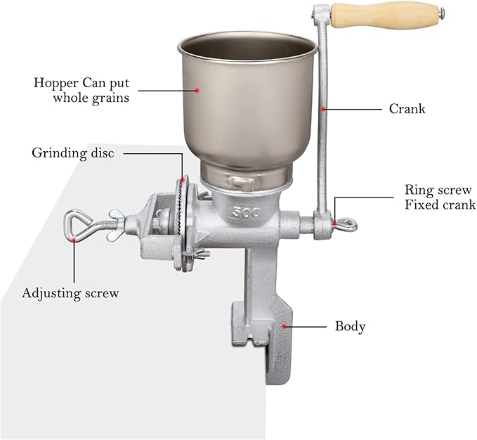 Household Manual Mill, Home Use Hand Cranking Operation Coffee Grinder, Grain Grinder, Manual Cast Iron Mill Grinder, with High Hopper, for Animals Feed, Home, Kitchen (Silver)
