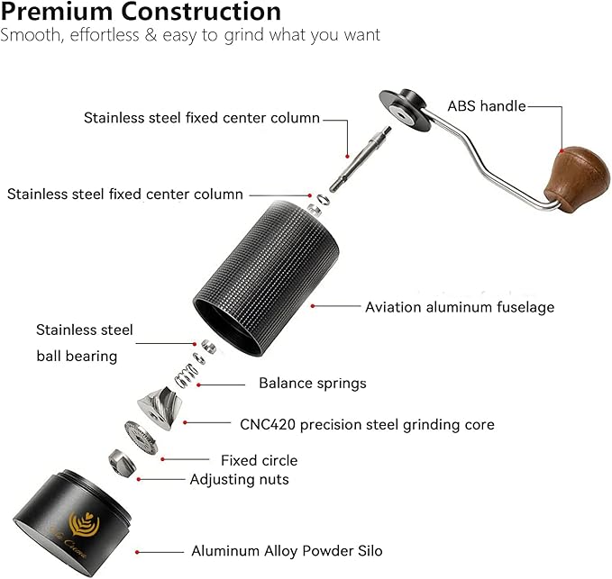 Manual Coffee Bean Grinder, with Adjustable Settings, Stainless Steel Burr (Premium Grinder)