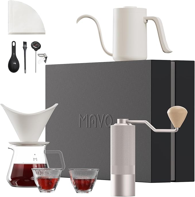 Pour Over Coffee Maker Set, 12 in 1 Set Box, Manual Coffee Grinder, Ceramic Pour Over Coffee Dripper with Tray, Pour Over Kettle, Glass Servers, Paper Filter, Coffee Cup, White