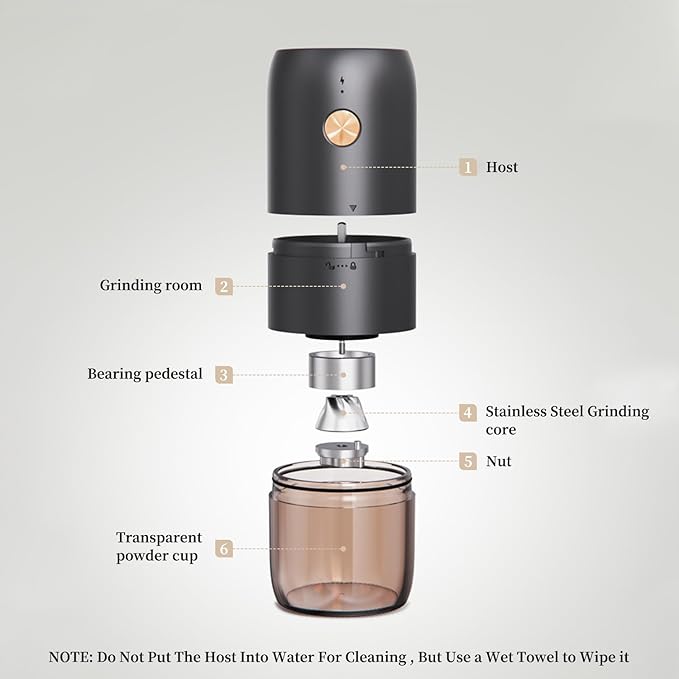 Portable Electric Burr Coffee Grinder by ELMWAY - Rechargeable Mini Coffee Grinder with Stainless Steel Burr & Internal Coarseness Adjustment, Compact for Travel & Home Use - Black