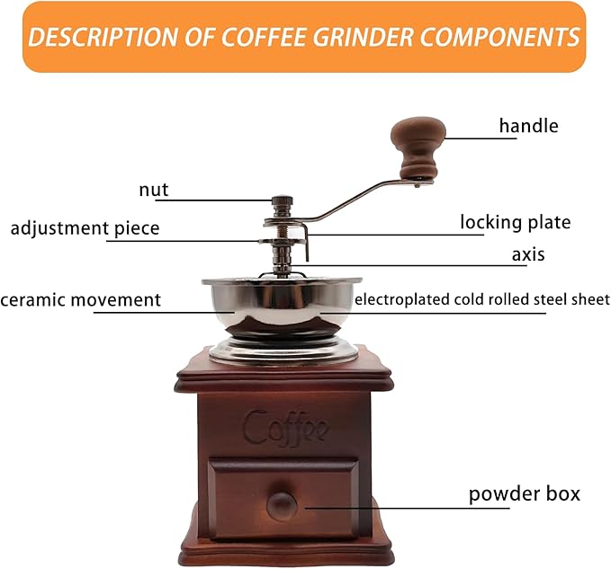 Retro style wooden handcrafted coffee grinder, ceramic hand-cranked crank, wooden handcrafted coffee grinder cleaning brush, coffee measuring spoon, dust cover (7.4 x 3.3 x 6.2 inches)