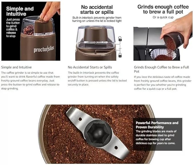 Proctor Silex Electric Coffee Grinder for Beans, Spices and More, Stainless Steel Blades, 12 Cups, Brown