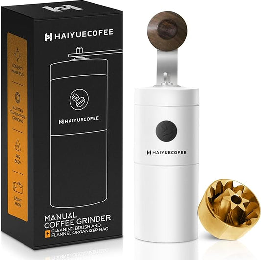 Manual Coffee Grinder - Hand Coffee Bean Grinder, Titanium-Coated Grinding Core - Aluminum Alloy Rocker with Ebony Wood Handle - Adjustable Grind Size - With Brush & Storage Bag (White)