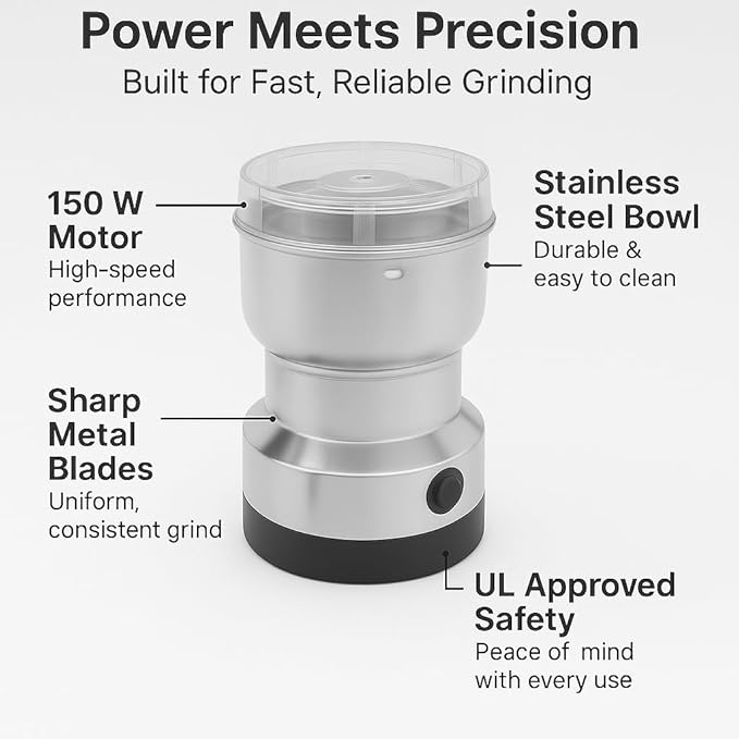 Electric Coffee Grinder 150W for Coffee Beans, Nuts & Spices – Stainless Steel Bowl, Metal Blades, UL Approved, 110V One-Touch Control