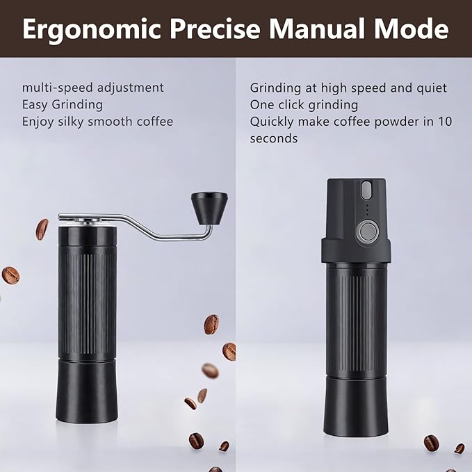 Burr Coffee Grinder Electric and Manual 2 in 1, Manual burr coffee grinder with 40mm Burr, Compact Portable Coffee Grinder for Espresso Coffee, French Press, Home, Travel, Camping (Black)