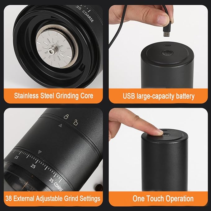 Portable Electric Coffee Grinder with 38 Adjustable Grind Settings – USB Rechargeable Stainless Steel Conical Burr, Coffee Bean Grinder for Espresso, French Press, Travel, Camping, Home & Office Use