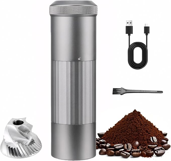 Portable Electric Espresso Grinder - USB Rechargeable Coffee Bean Grinder with Stainless Steel Burr, Adjustable Grind Settings, Compact Metal Body for Camping, Travel, Office (703g)