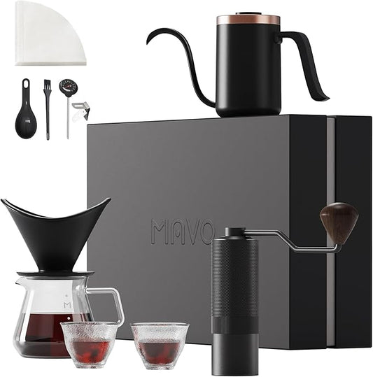 MAVO Pour Over Coffee Maker Set, 12 in 1 Set Box, Manual Coffee Grinder, Pour Over Kettle, Glass Servers, Coffee Cup, Ceramic Pour Over Coffee Dripper with Tray, Paper Filter, Black
