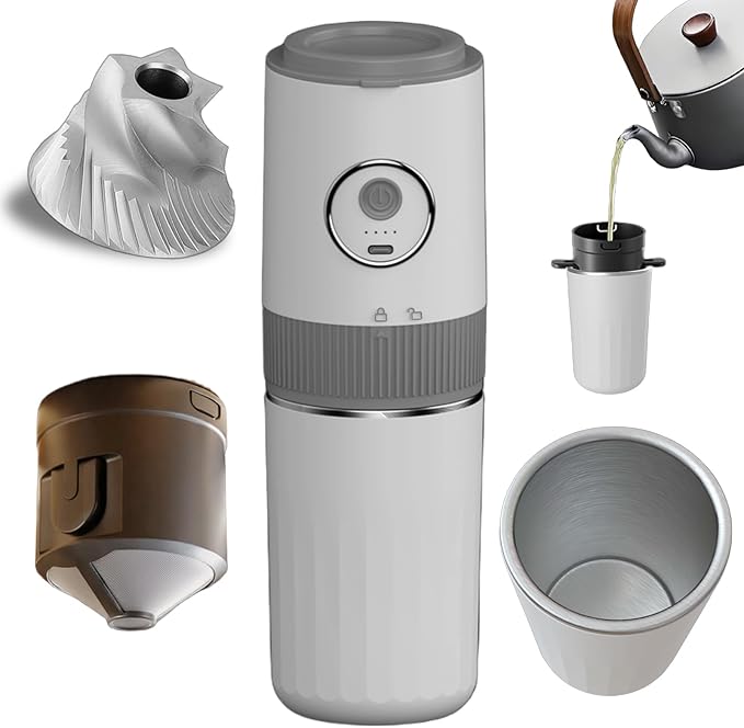 Portable All-in-one Electric Burr Coffee Grinder and Brewing Kit, Rechargeable with Conical Mill & Insulated Stainless Steel Cup, for Camping, Travel, Office, Home Use (White)