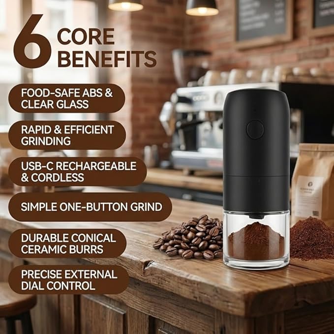 Caldwell Kitchen Portable Electric Coffee Grinder - USB Rechargeable Automatic Ceramic Burr Mill for Travel, Camping & Home - Adjustable Fine to Coarse Settings - Black
