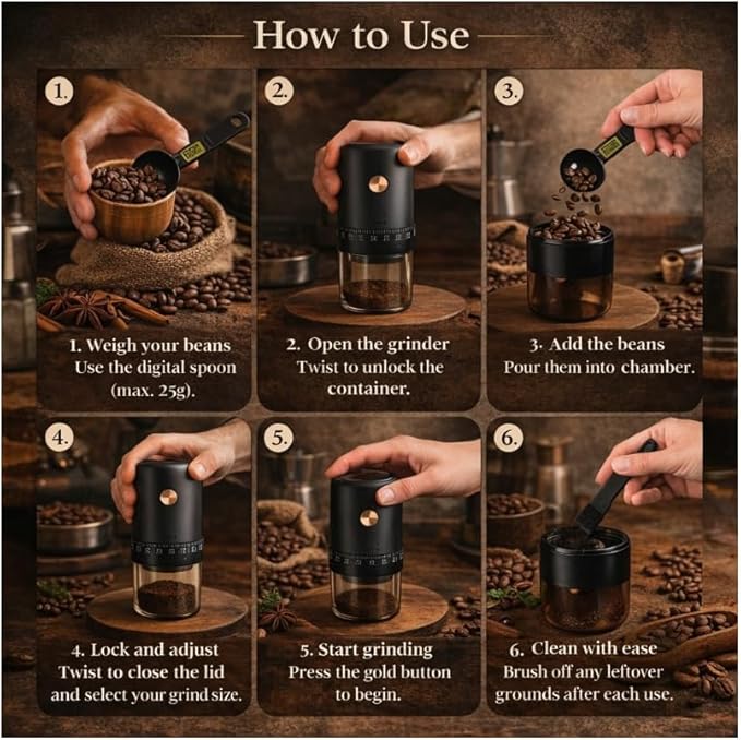 Garsal home. Electric Burr Coffee Grinder with 40 Grind Settings, Stainless Steel Conical Blades, Digital Measuring Spoon, USB-C Rechargeable Battery.