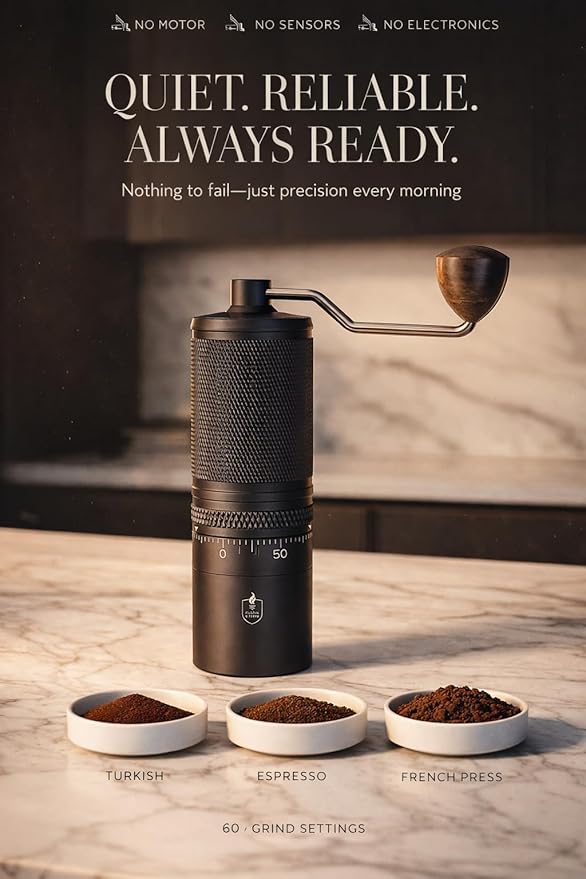 FIAMMA & FERRO Professional Manual Coffee Grinder - Titanium Enhanced 38mm Conical Burrs, 60 Precision Settings, Stainless Steel Construction - 500kg+ Grind life