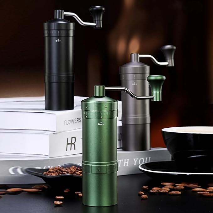 WARHEART Manual Coffee Grinder, Aluminum body, Precision steel grinder, Adjustable grinding precision, Hand grind coffee grinder with coffee spoon and Blowing nozzle (Green)