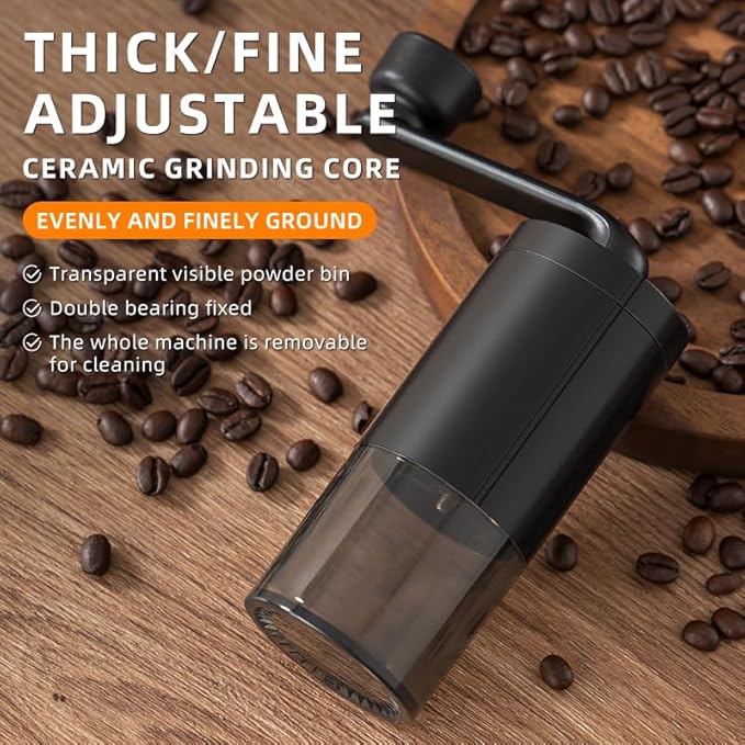 Manual Conical Burr Coffee Grinder, Ceramic Mill, Hand Crank,Portable,Perfect for Espresso maker at home,Travel,Camping,Internal Adjustable Setting, Visible Powder Bin